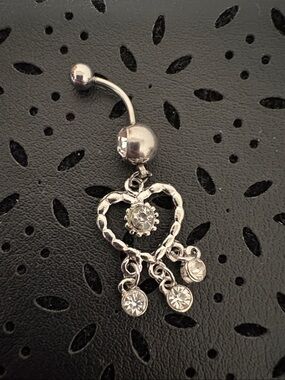 Silver Heart Dangle Belly Button Ring with Clear Stones